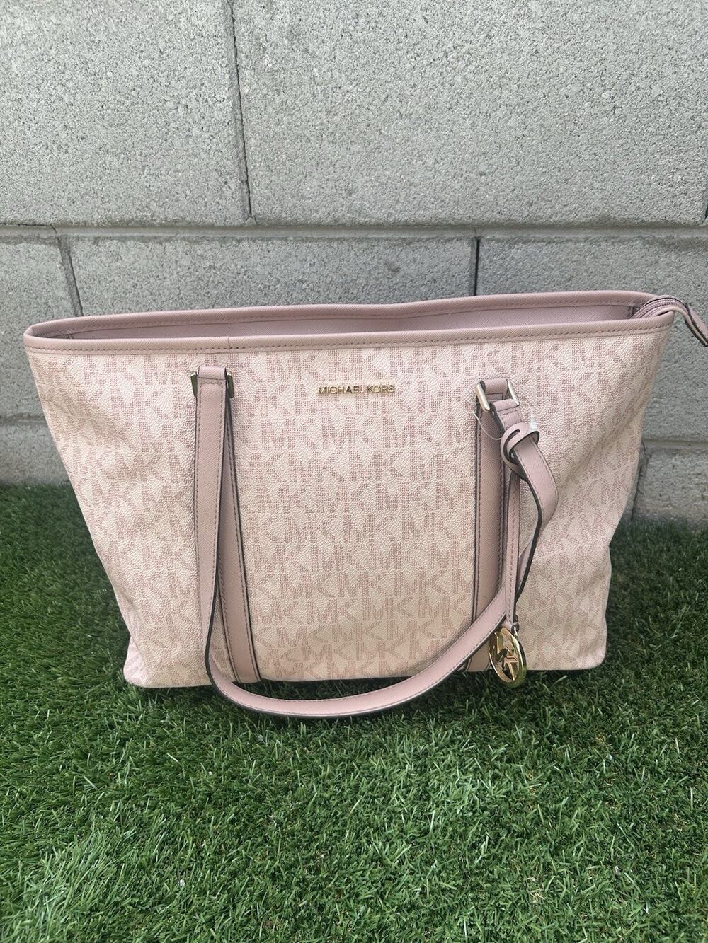 Michael Kors Large Signature MK Logo Tote Pink Ballet Gold NWT $358